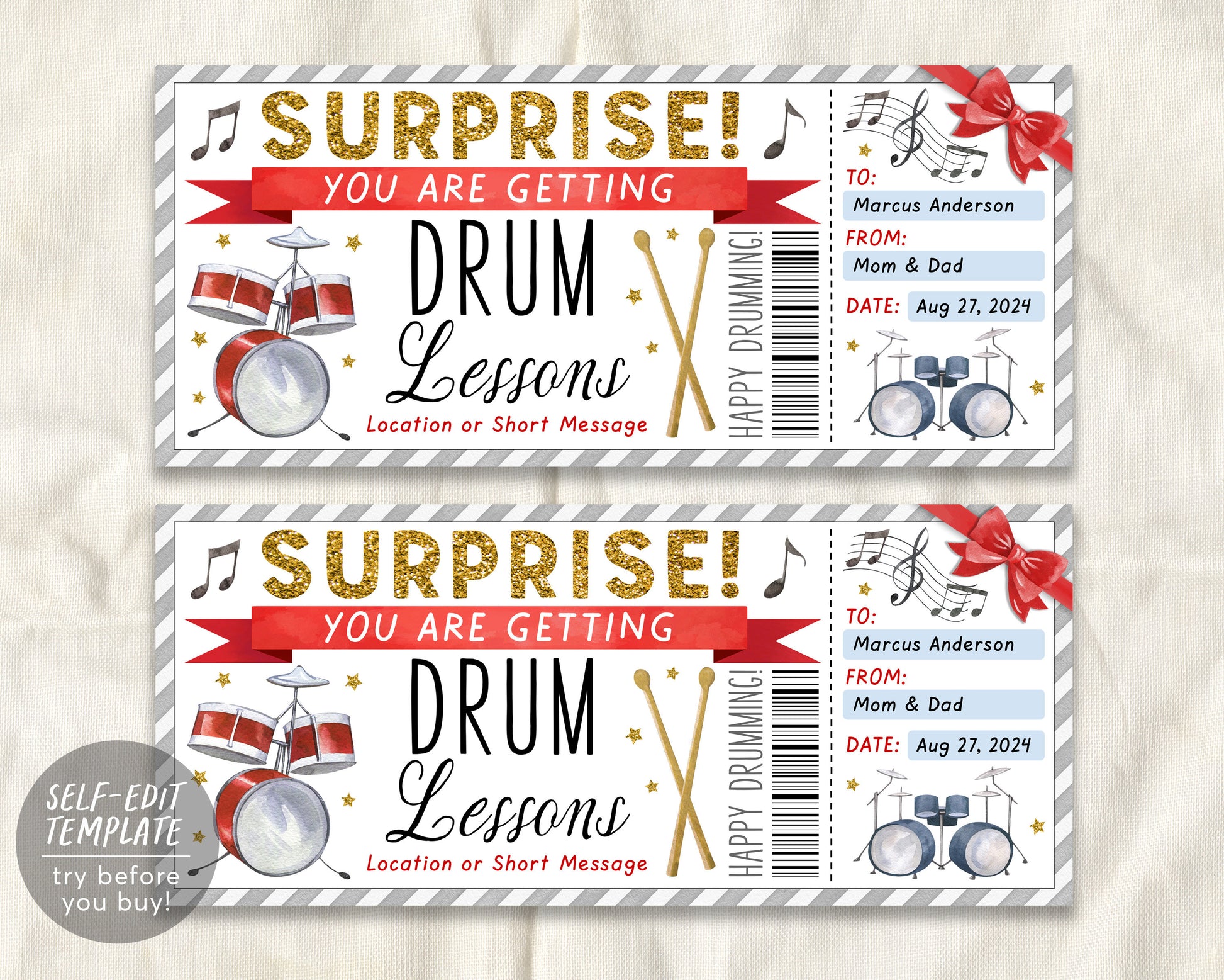 Drum Lessons Gift Certificate Editable Template