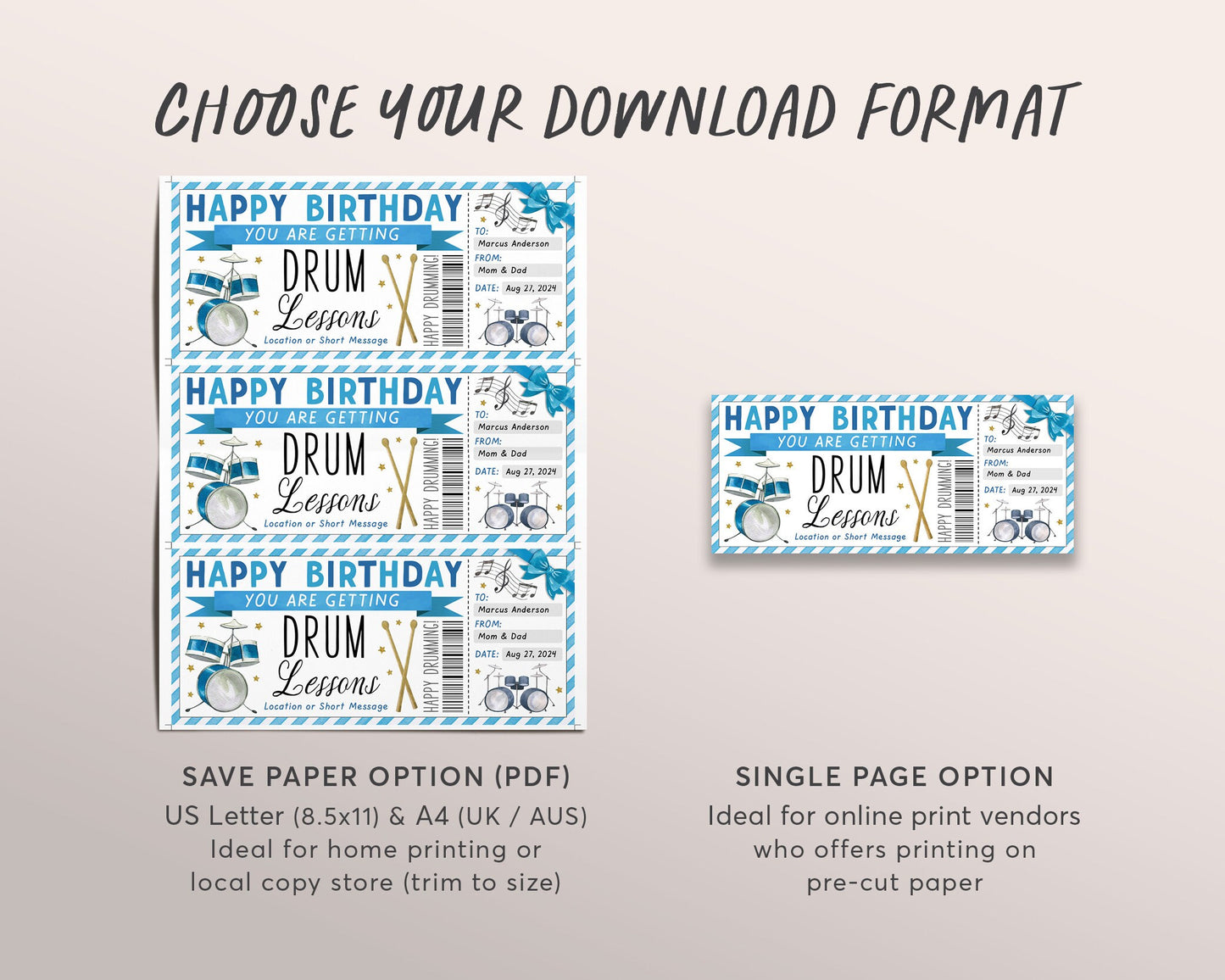 Drum Lessons Gift Certificate Editable Template, Birthday Surprise Music Drumming Class Gift Voucher, Learn to Play Drums Coupon Ticket