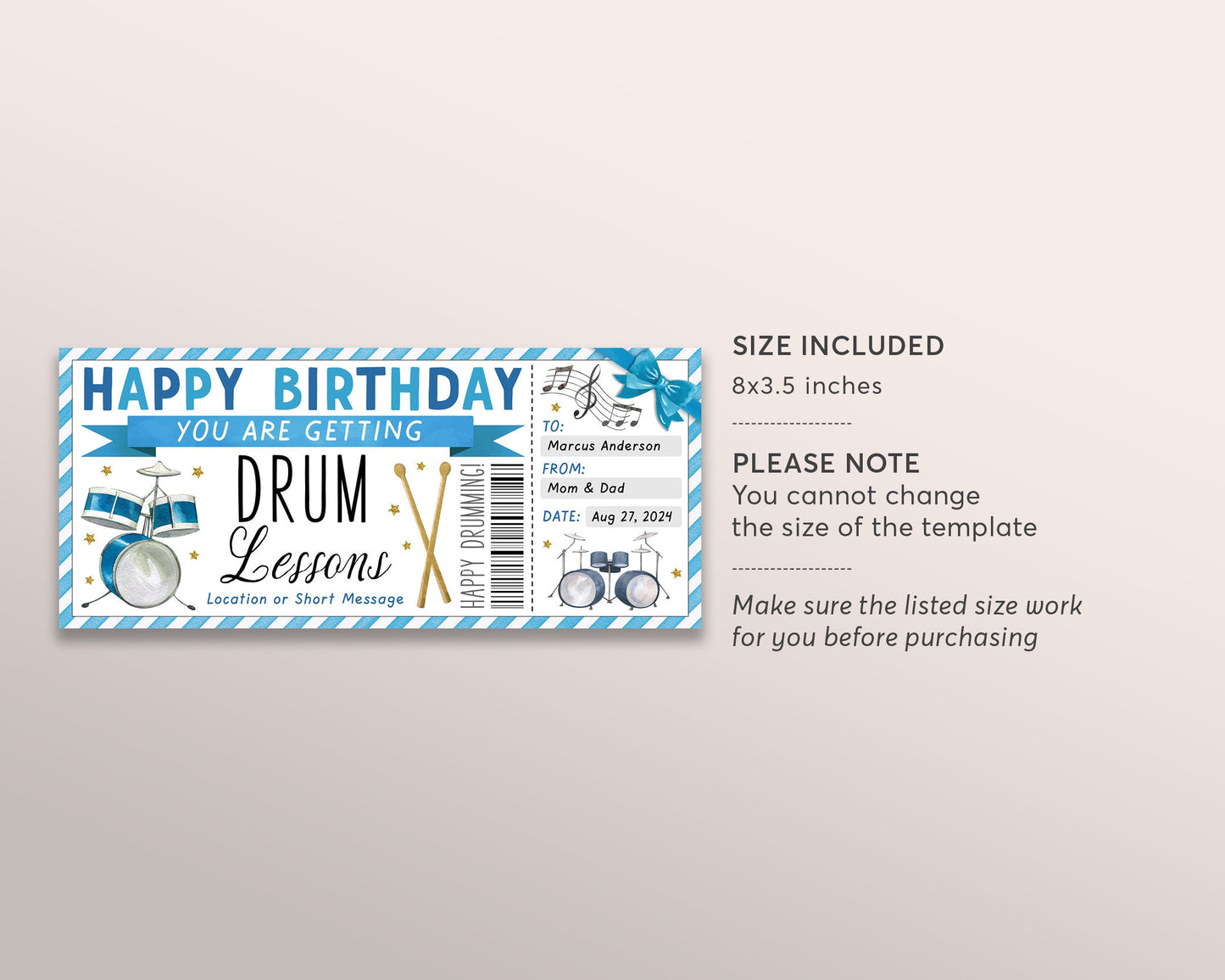 Drum Lessons Gift Certificate Editable Template, Birthday Surprise Music Drumming Class Gift Voucher, Learn to Play Drums Coupon Ticket