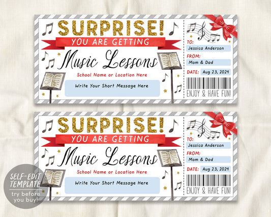 Music Lessons Gift Certificate Editable Template