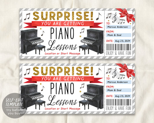 Piano Lessons Gift Certificate Editable Template