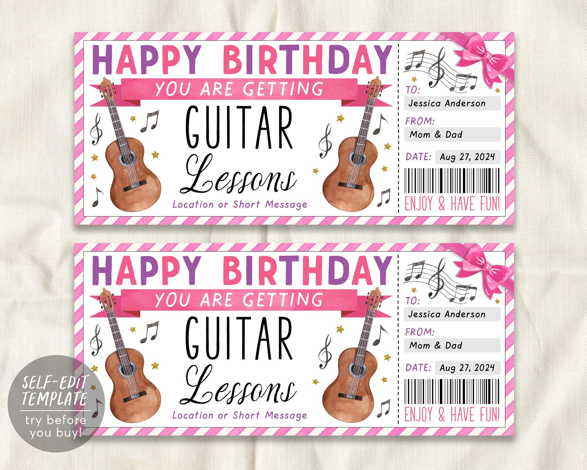 Birthday Guitar Lessons Gift Certificate Editable Template