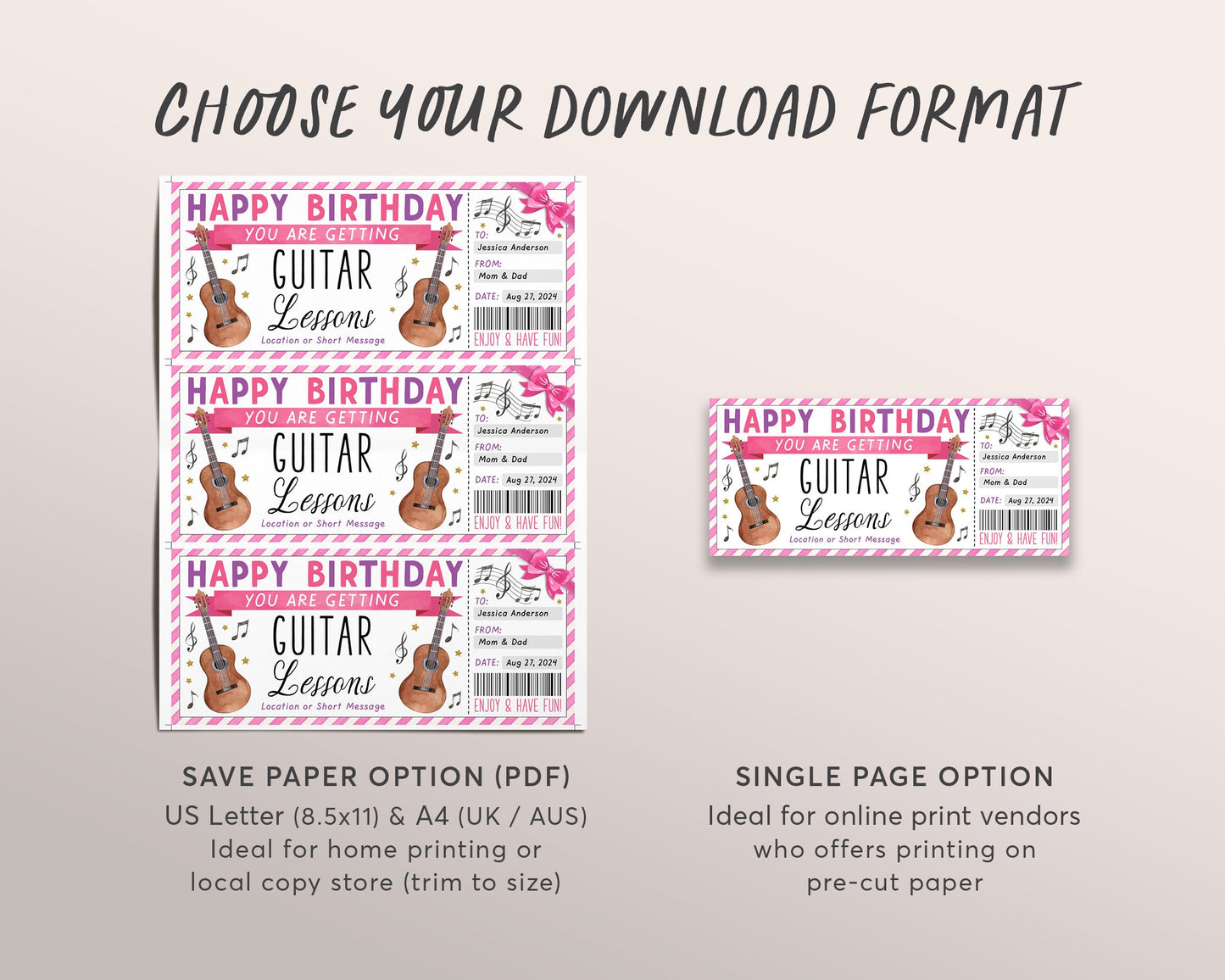 Guitar Lessons Gift Certificate Editable Template, Birthday Surprise Music Guitar Class Voucher Gift Reveal For Her, Learn to Play Coupon