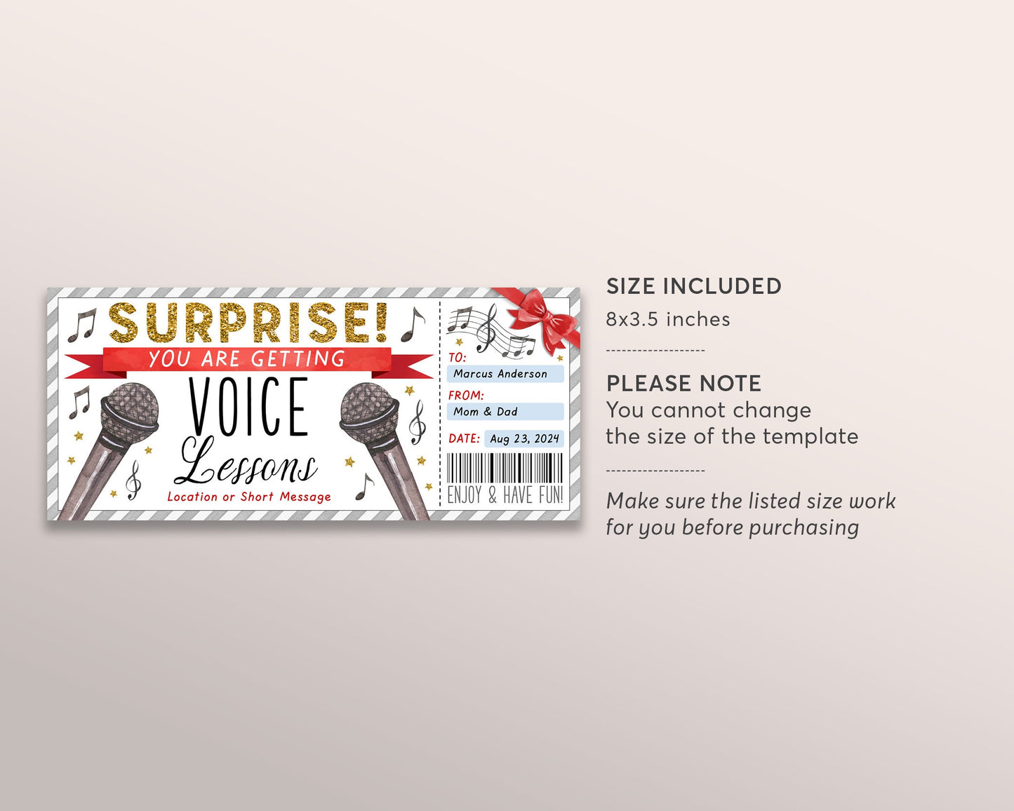 Voice Lessons Gift Certificate Editable Template, Surprise Singing Lessons Music Class Experience Voucher Reveal Coupon, Vocal Coaching