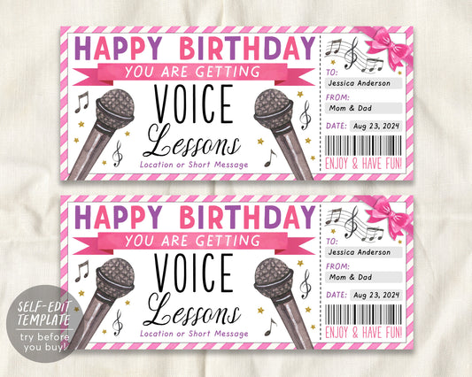 Birthday Voice Lessons Gift Certificate Editable Template