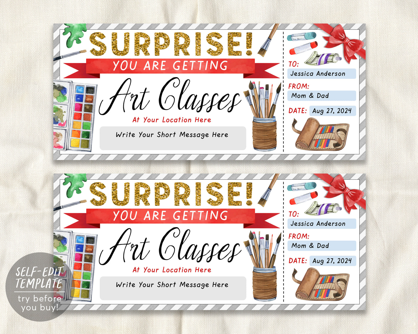 Art Class Gift Certificate Editable Template