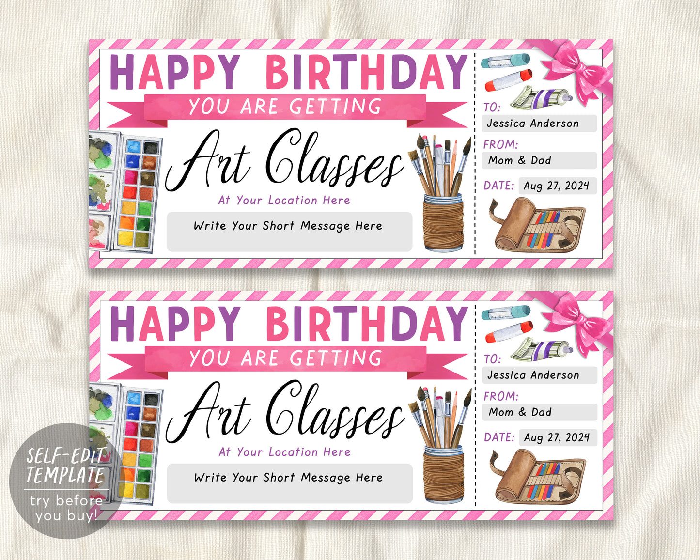 Birthday Art Class Gift Certificate Editable Template