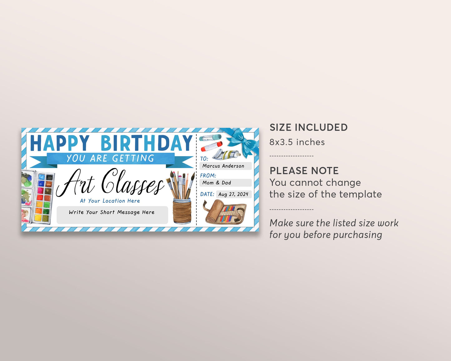 Art Class Gift Certificate Editable Template, Birthday Surprise Painting Lessons For Him, Watercolor Experience Voucher Reveal Coupon