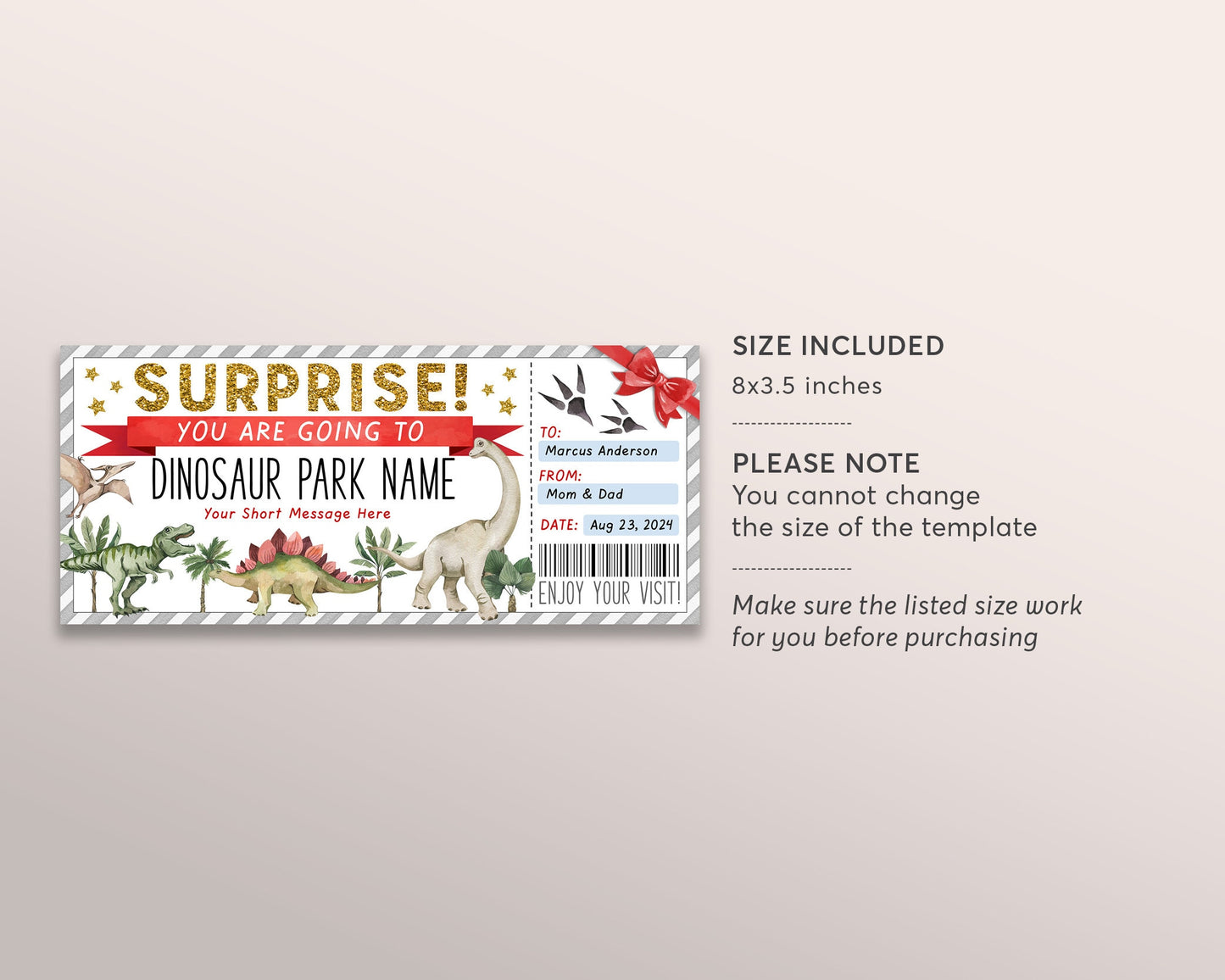 Dinosaur Park Ticket Editable Template, Surprise Dinosaur Museum Membership Gift Voucher For Kids, Theme Park Day Trip Gift Certificate