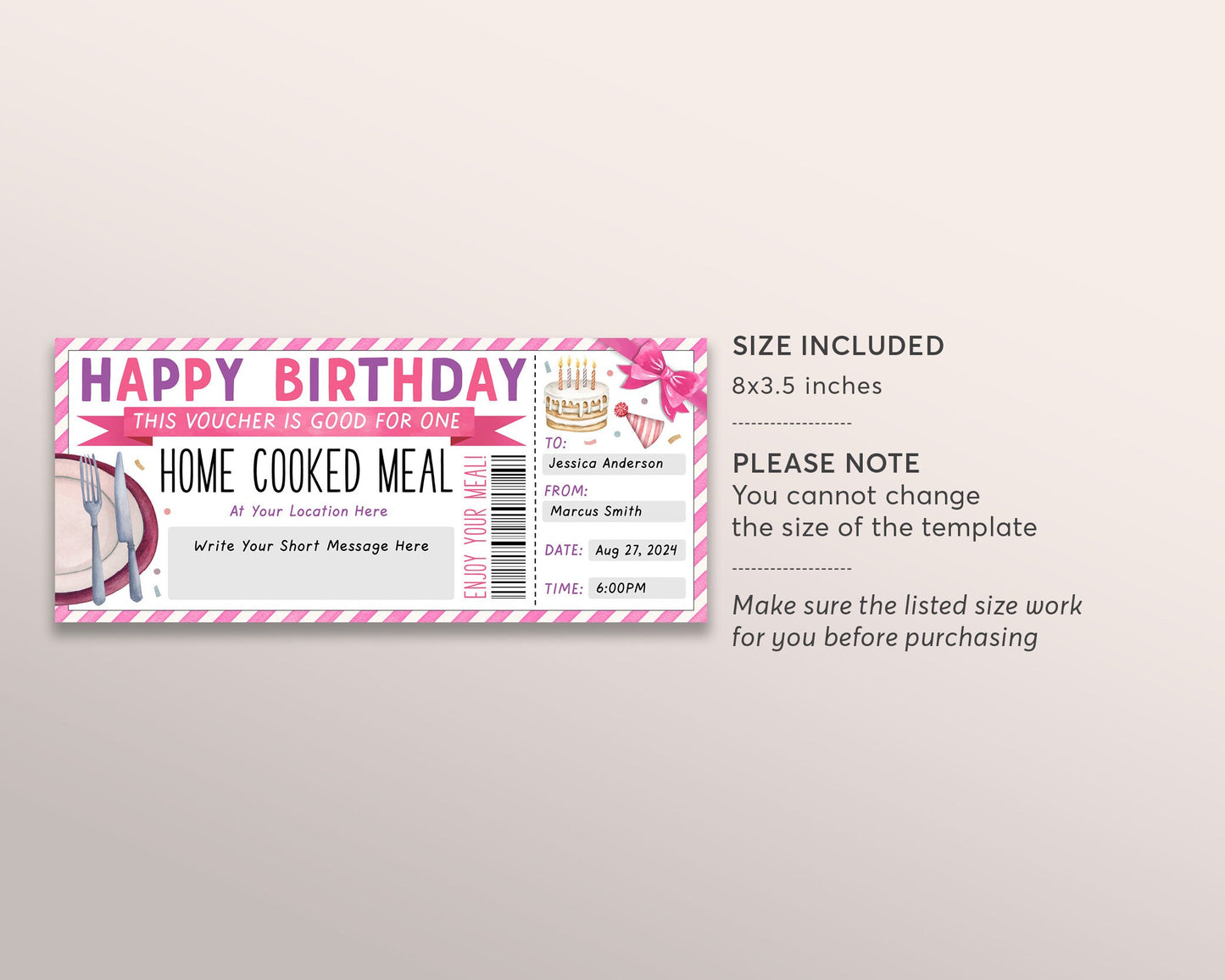 Home Cooked Meal Coupon Editable Template, Birthday Surprise Personal Chef Experience Dinner Gift Voucher, Dining Gift Certificate Printable