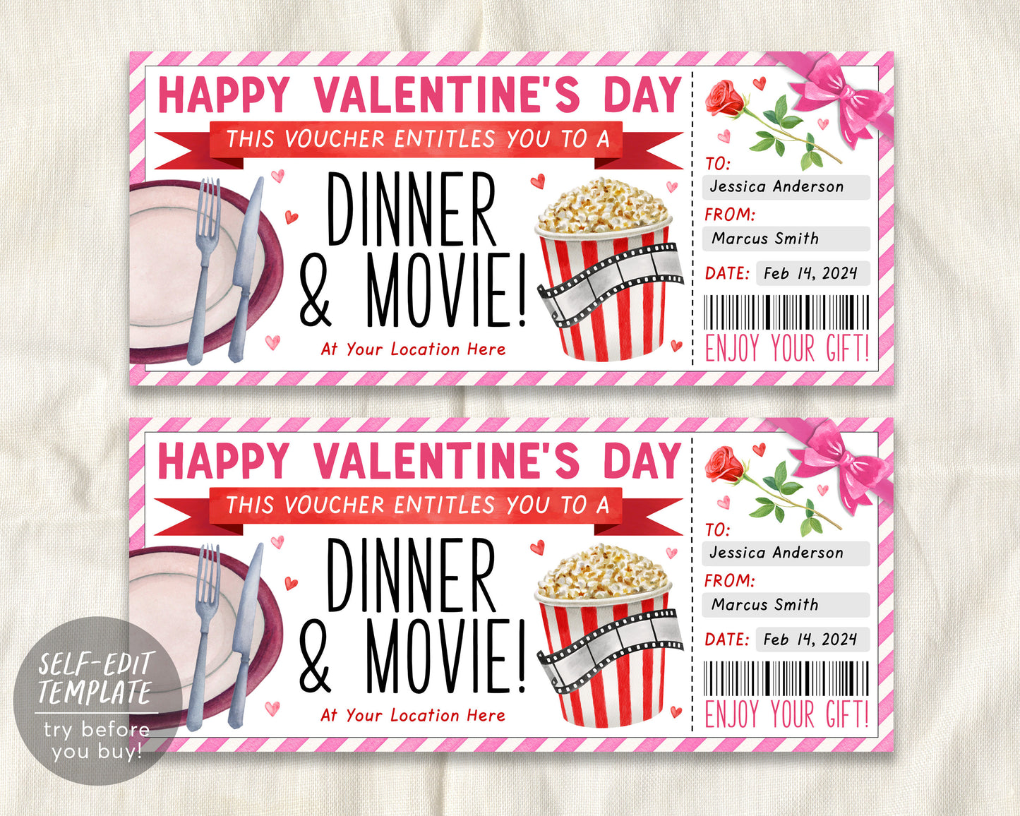 Valentines Day Dinner and Movie Gift Voucher Editable Template