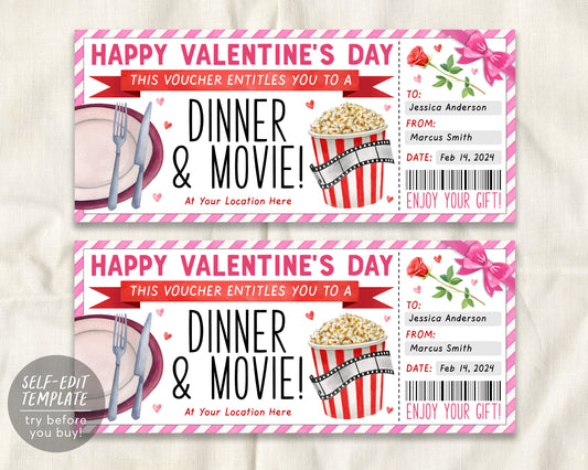 Valentines Day Dinner and Movie Gift Voucher Editable Template