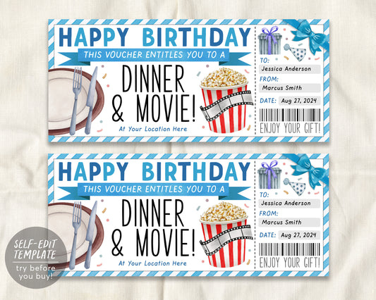 Birthday Dinner and Movie Gift Voucher Editable Template