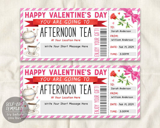 Valentines Day Afternoon Tea Gift Voucher Ticket Editable Template