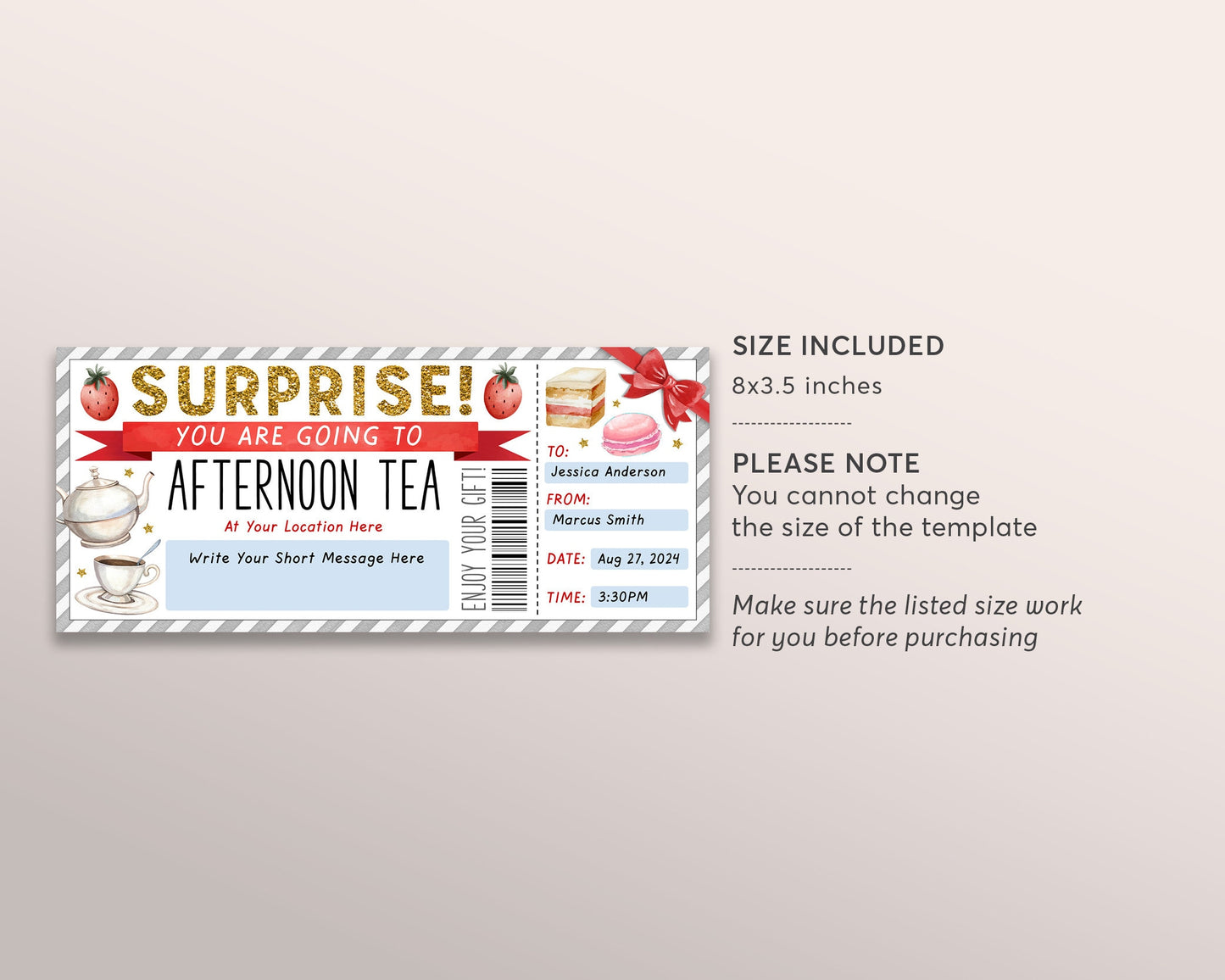 Afternoon Tea Gift Voucher Ticket Editable Template, Surprise English Afternoon Tea Gift Certificate Coupon For Sister Friend Hotel High Tea