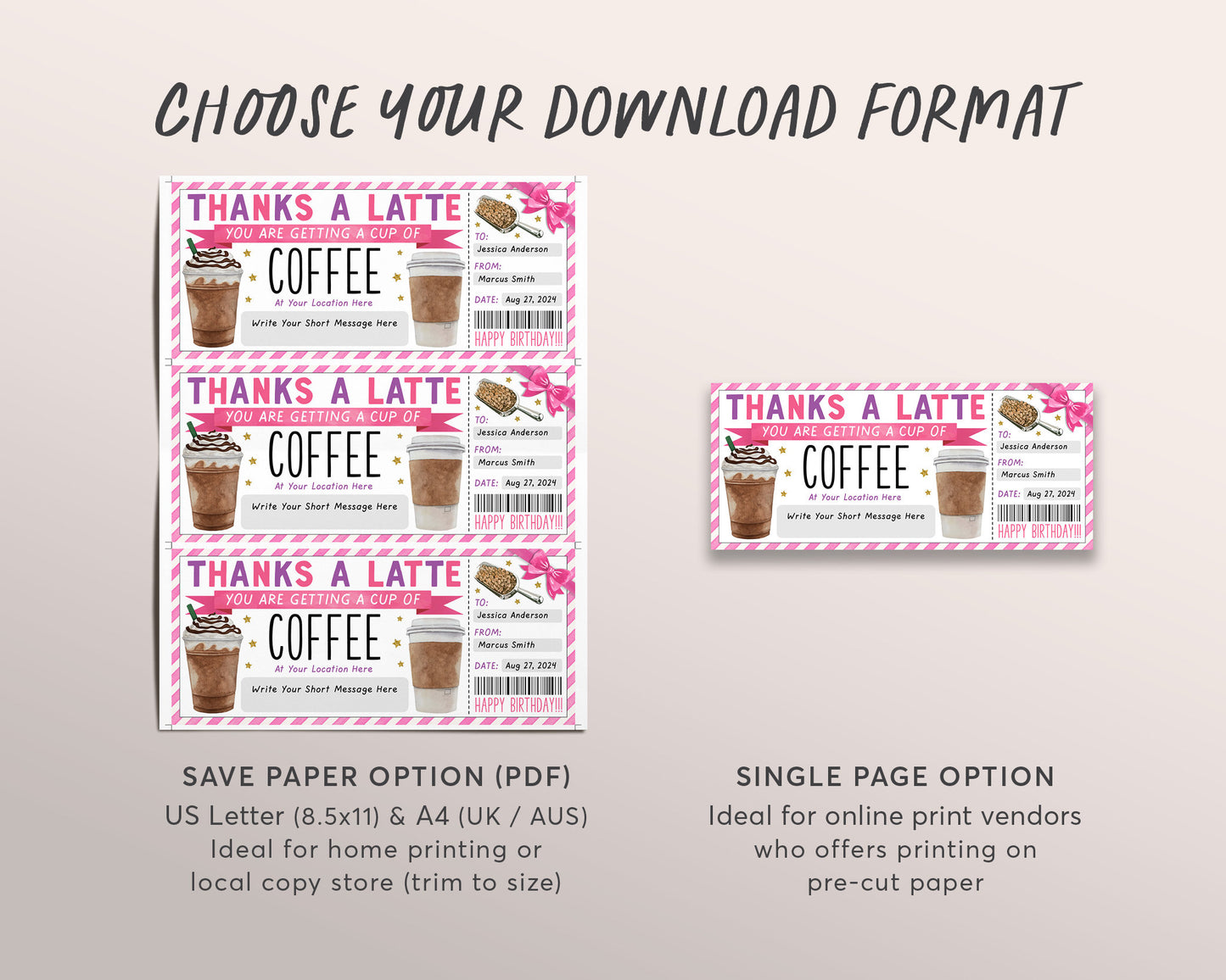 Thanks A Latte Gift Coupon Editable Template, Birthday Surprise Coffee Gift Certificate, Cafe Voucher Coffee Shop Lover Gift Card For Her