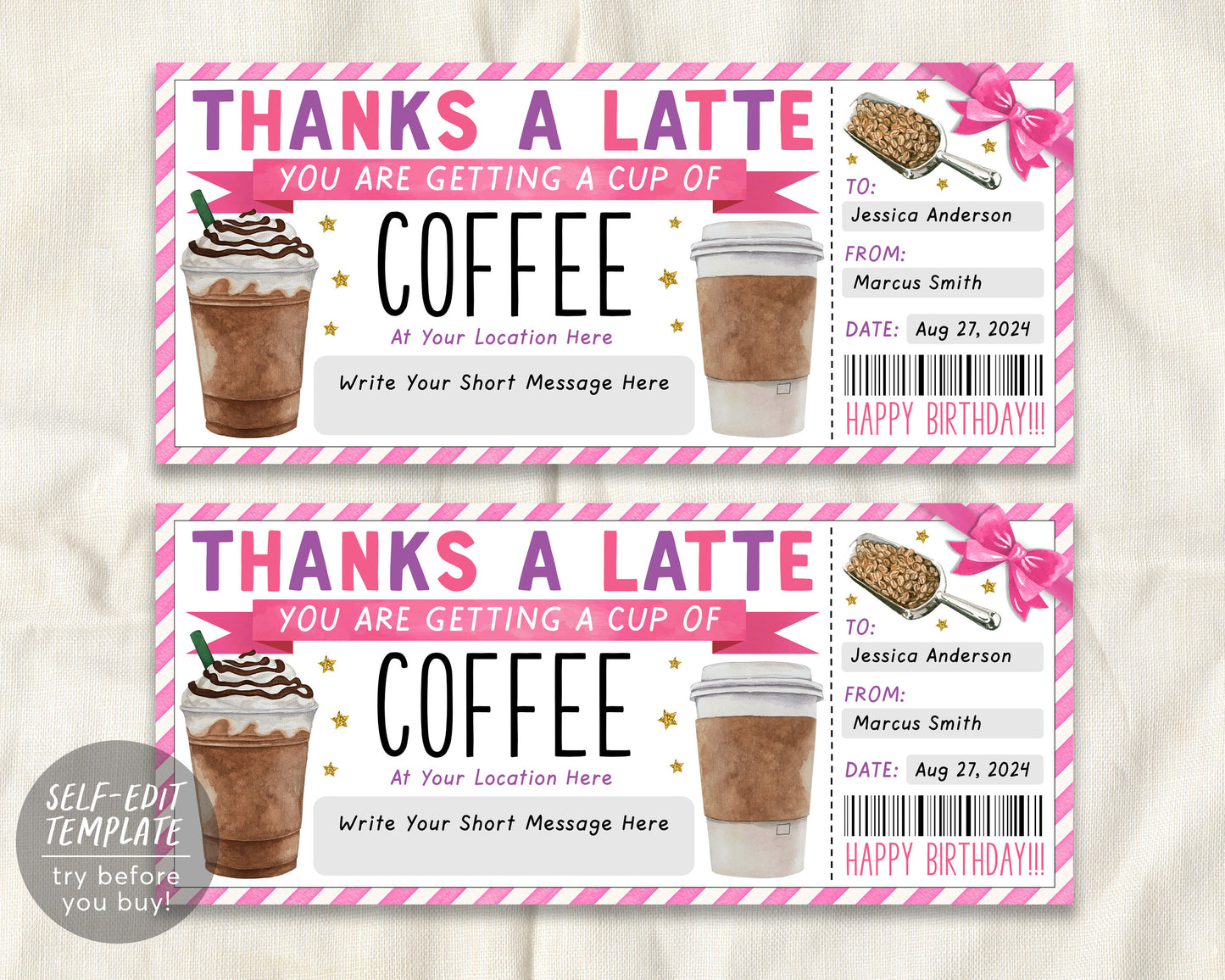 Thanks A Latte Gift Coupon Editable Template