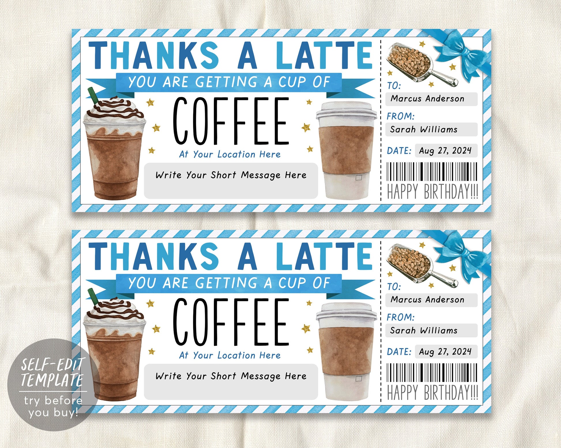 Thanks A Latte Gift Coupon Editable Template