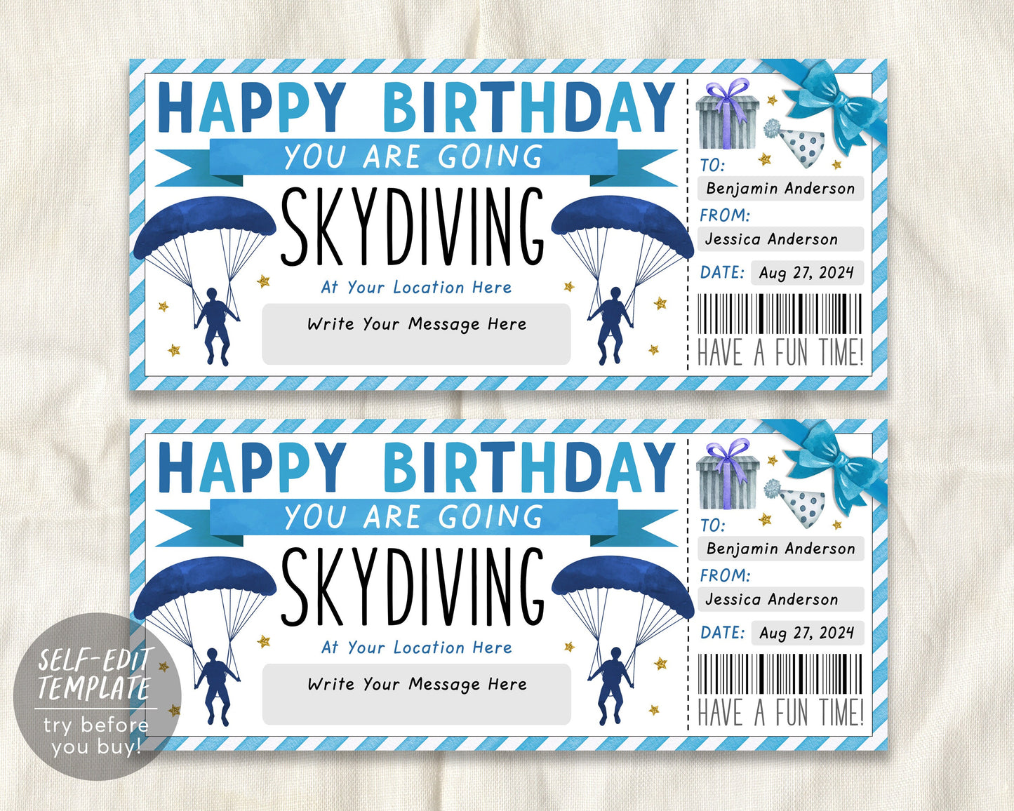 Birthday Skydiving Ticket Gift Certificate Ticket Editable Template