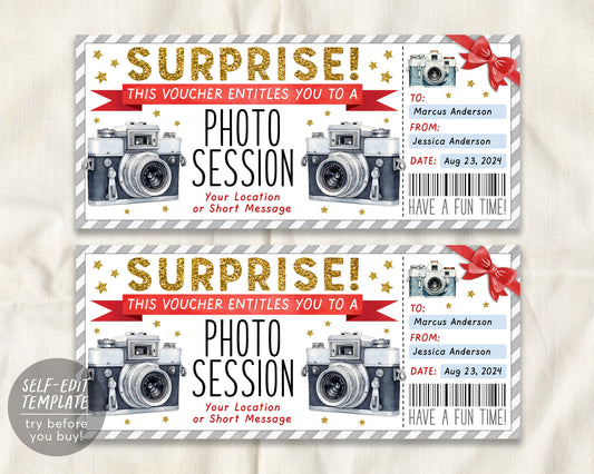 Surprise Photography Session Gift Voucher Ticket Editable Template