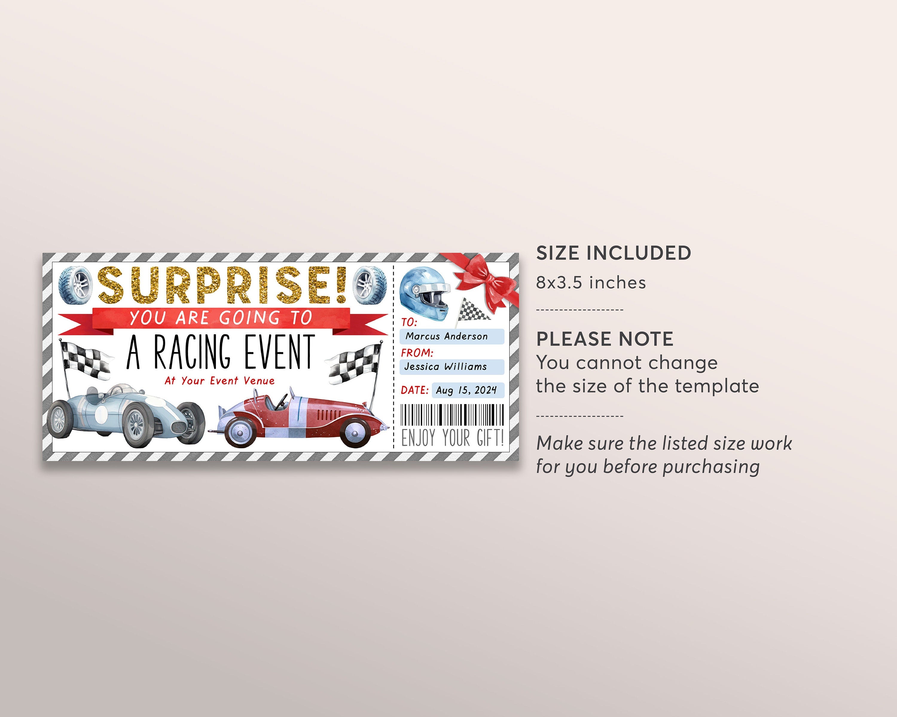 Car Race Ticket Gift Certificate Editable Template, Surprise Car Racin ...
