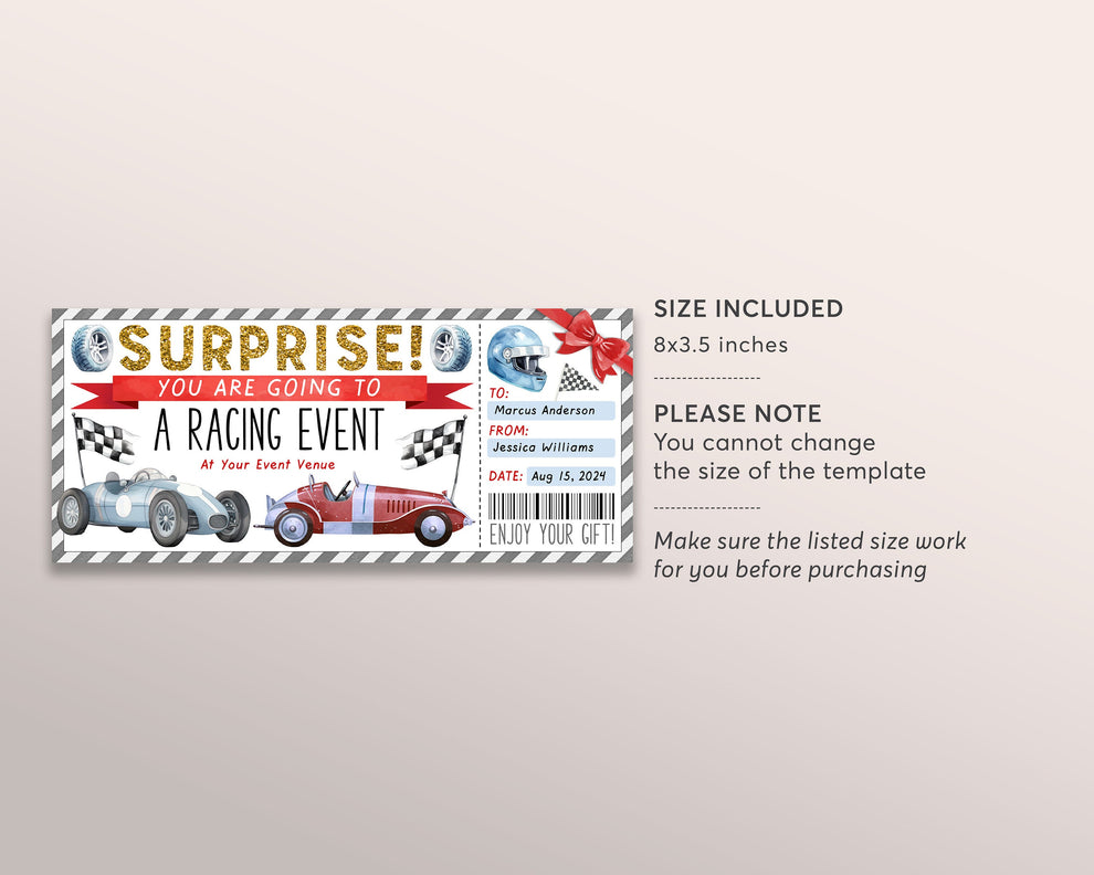 Car Race Ticket Gift Certificate Editable Template, Surprise Car Racin ...