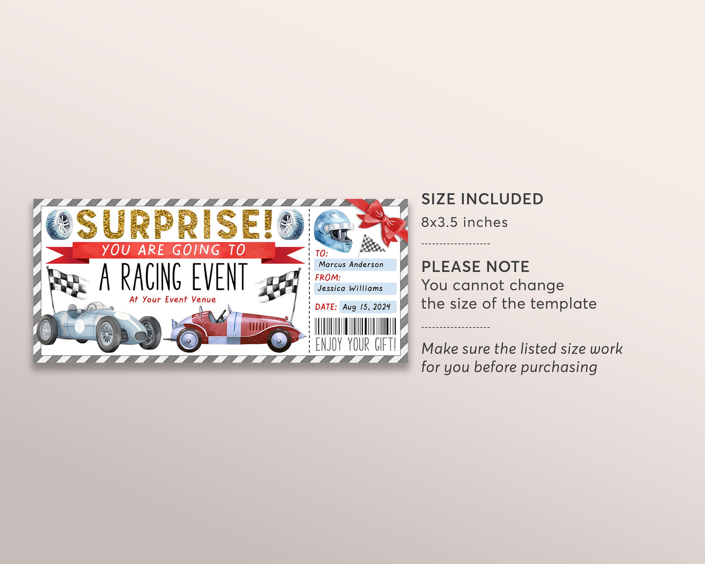 Car Race Ticket Gift Certificate Editable Template, Surprise Car Racing Event Voucher Printable, Supercar Race Track Driving Go Kart Coupon