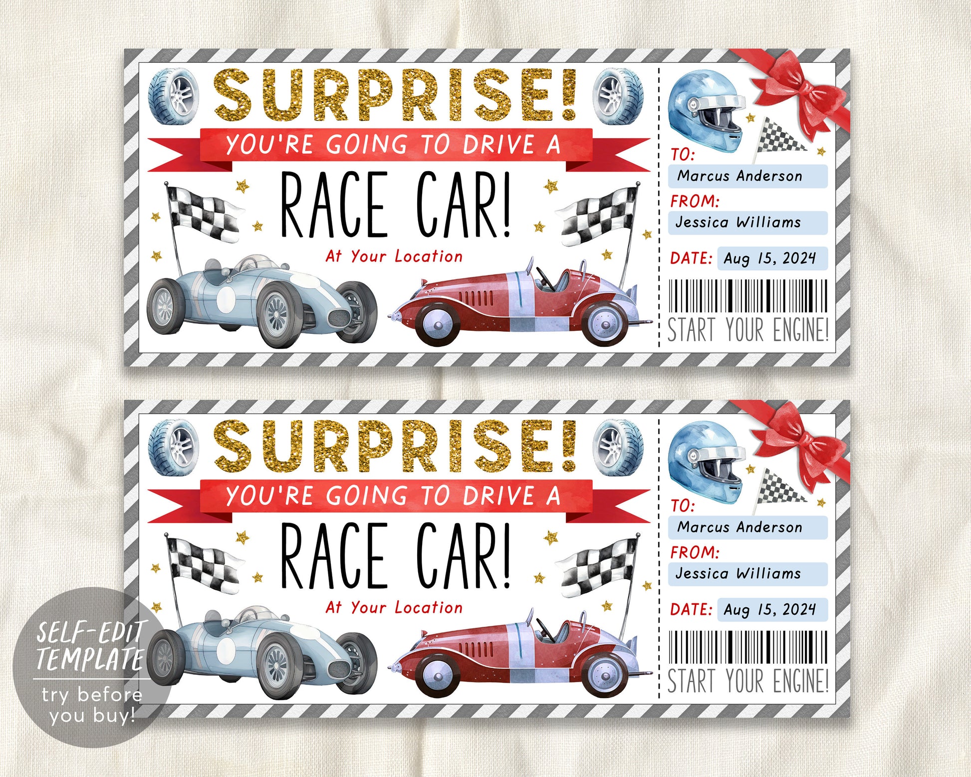 Race Car Ticket Gift Certificate Editable Template