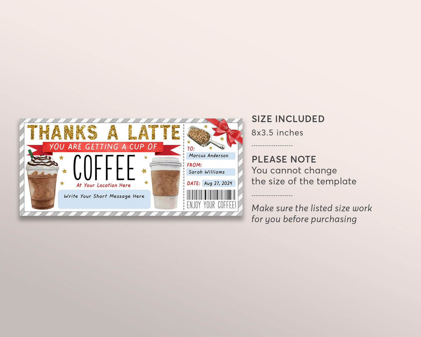 Thanks A Latte Gift Coupon Editable Template, Surprise Coffee Gift Certificate, Cafe Voucher Coffee Shop Lover Gift Card, Any Occasion