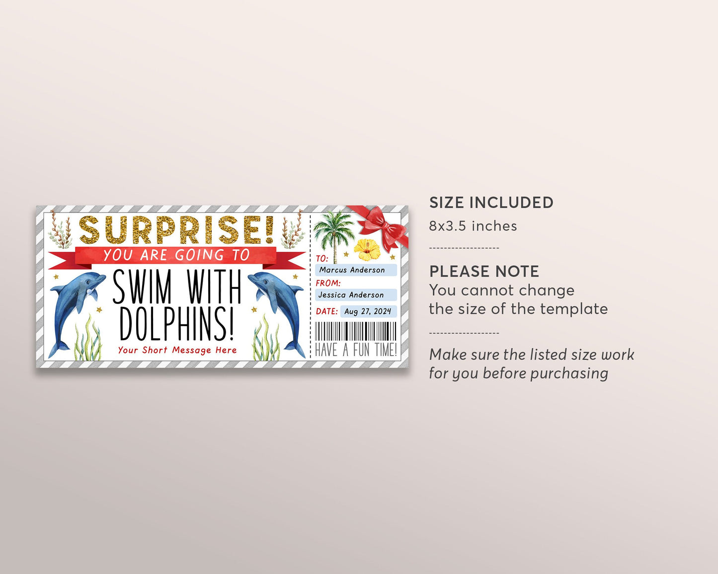 Swim With Dolphins Ticket Editable Template, Surprise Dolphin Watching Experience Voucher Day Trip Gift Certificate Coupon, Any Occasion