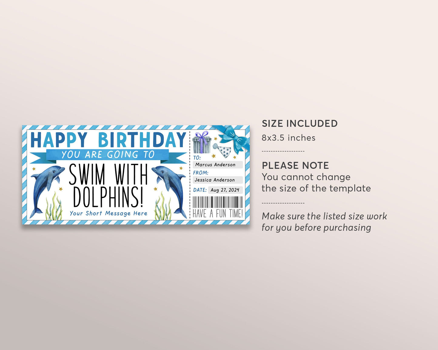 Swim With Dolphins Ticket Editable Template, Birthday Surprise Dolphin Watching Experience Voucher, Cruise Day Trip Gift Certificate Coupon