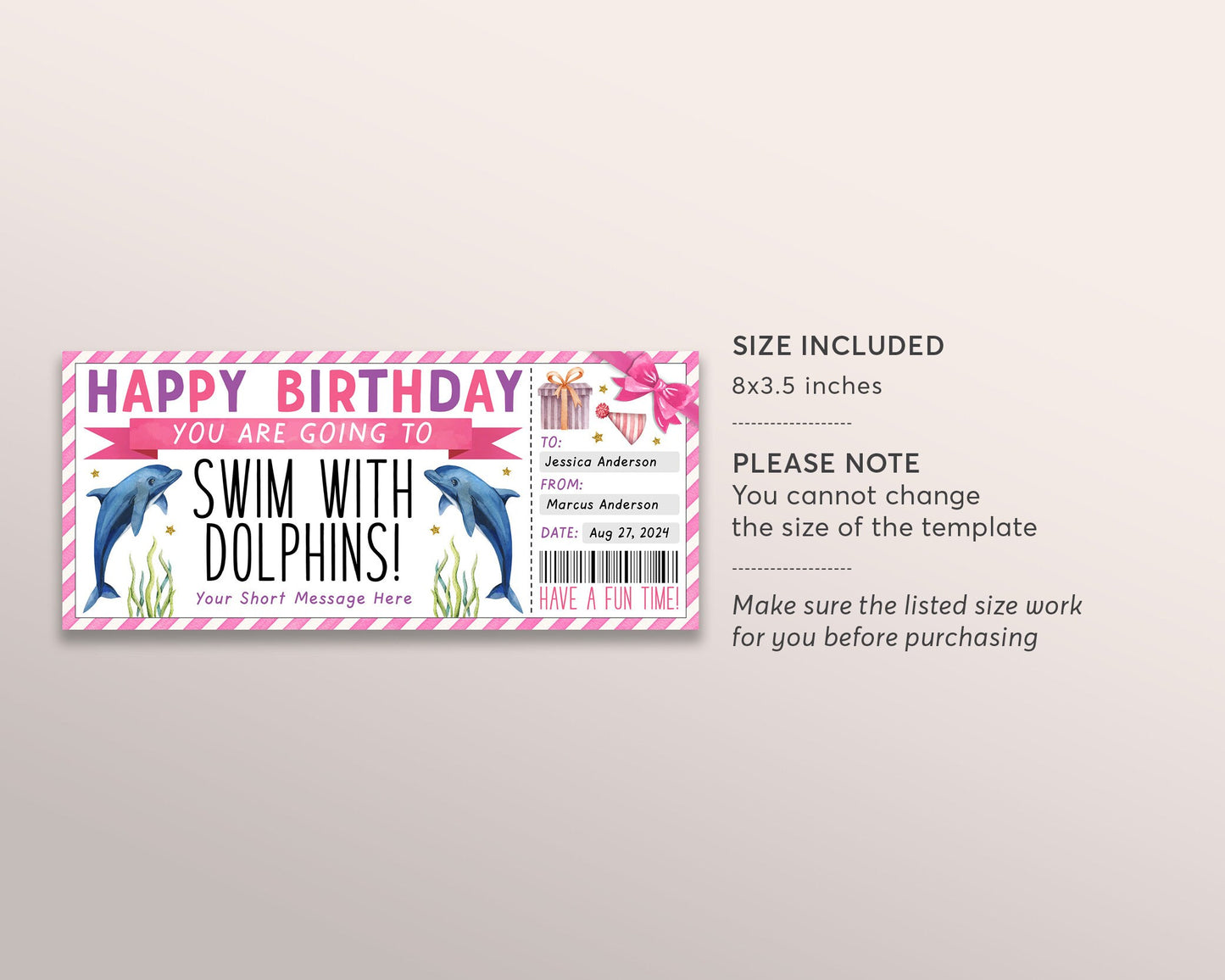 Swim With Dolphins Ticket Editable Template, Birthday Surprise Dolphin Watching Experience Voucher, Cruise Day Trip Gift Certificate Coupon