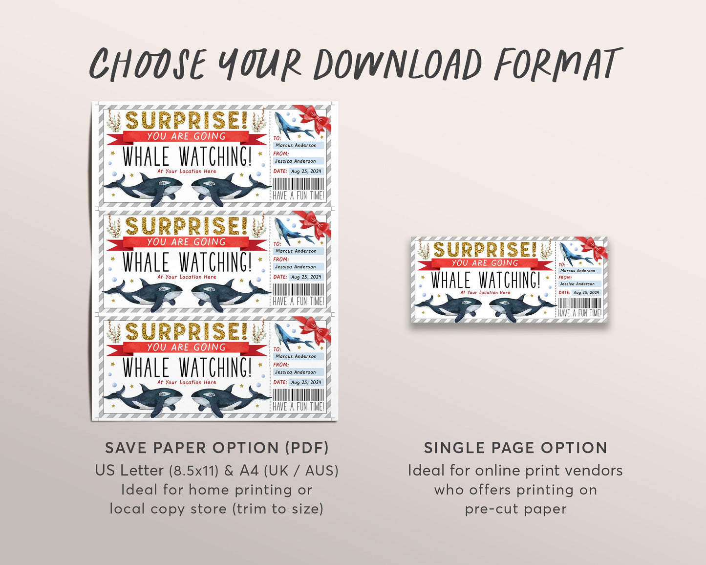 Whale Watching Trip Ticket Editable Template, Surprise Whale Watching Boat Cruise Day Trip Voucher Gift Certificate Coupon, Any Occasion