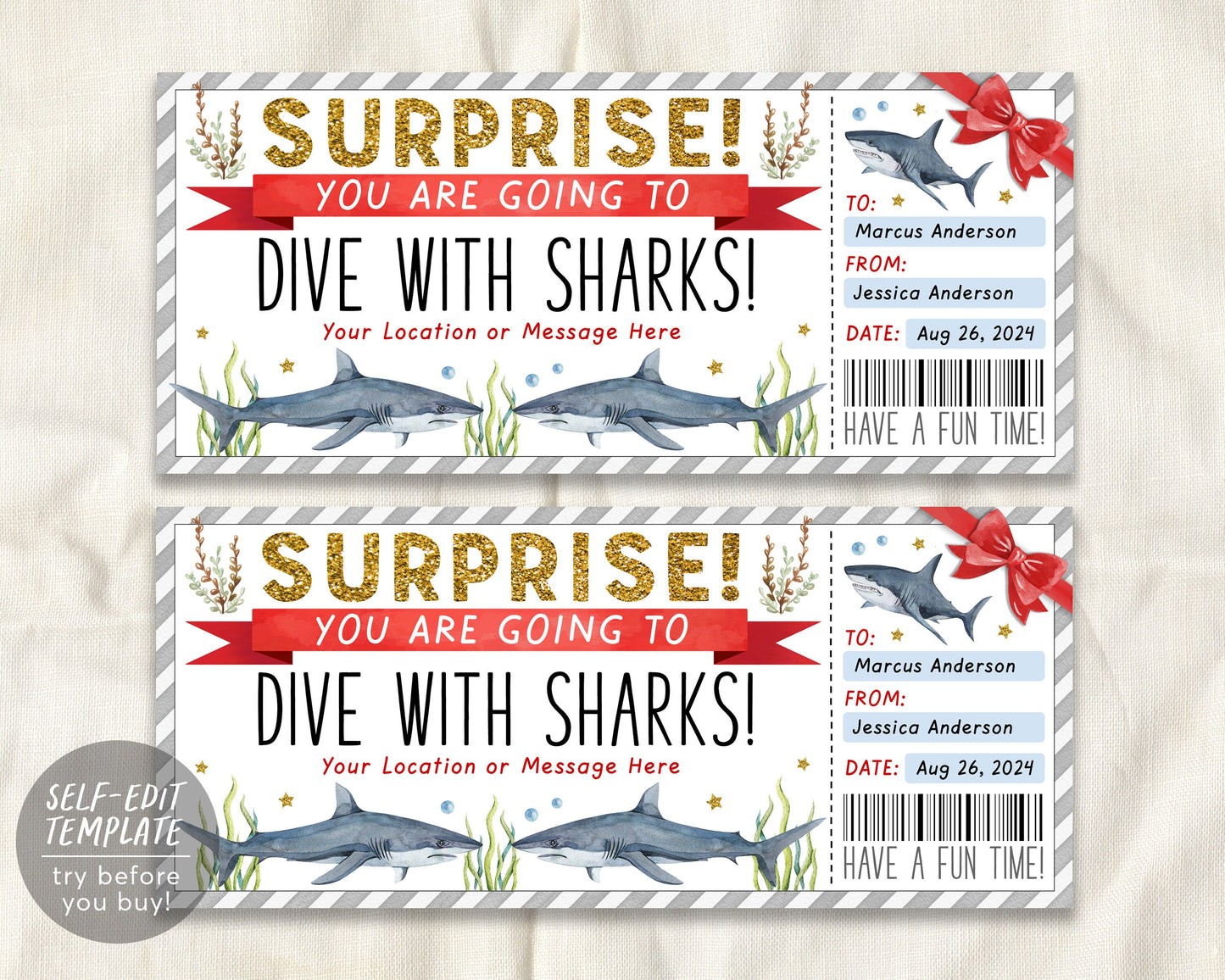 Dive With Sharks Ticket Editable Template