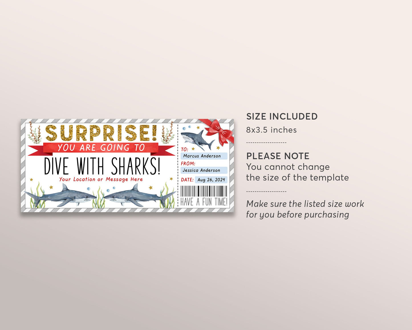 Dive With Sharks Ticket Editable Template, Surprise Cage Diving Experience Voucher Scuba Diving Trip Gift Certificate Coupon, Any Occasion