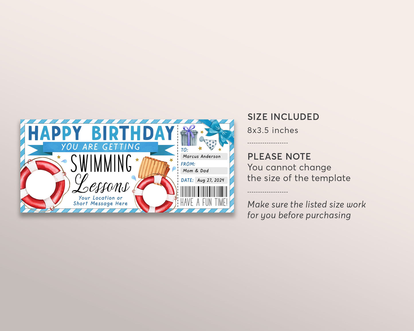 Swim Lessons Gift Certificate Ticket Editable Template, Birthday Surprise Swimming Classes Experience For Him, Learn to Swim Voucher Coupon