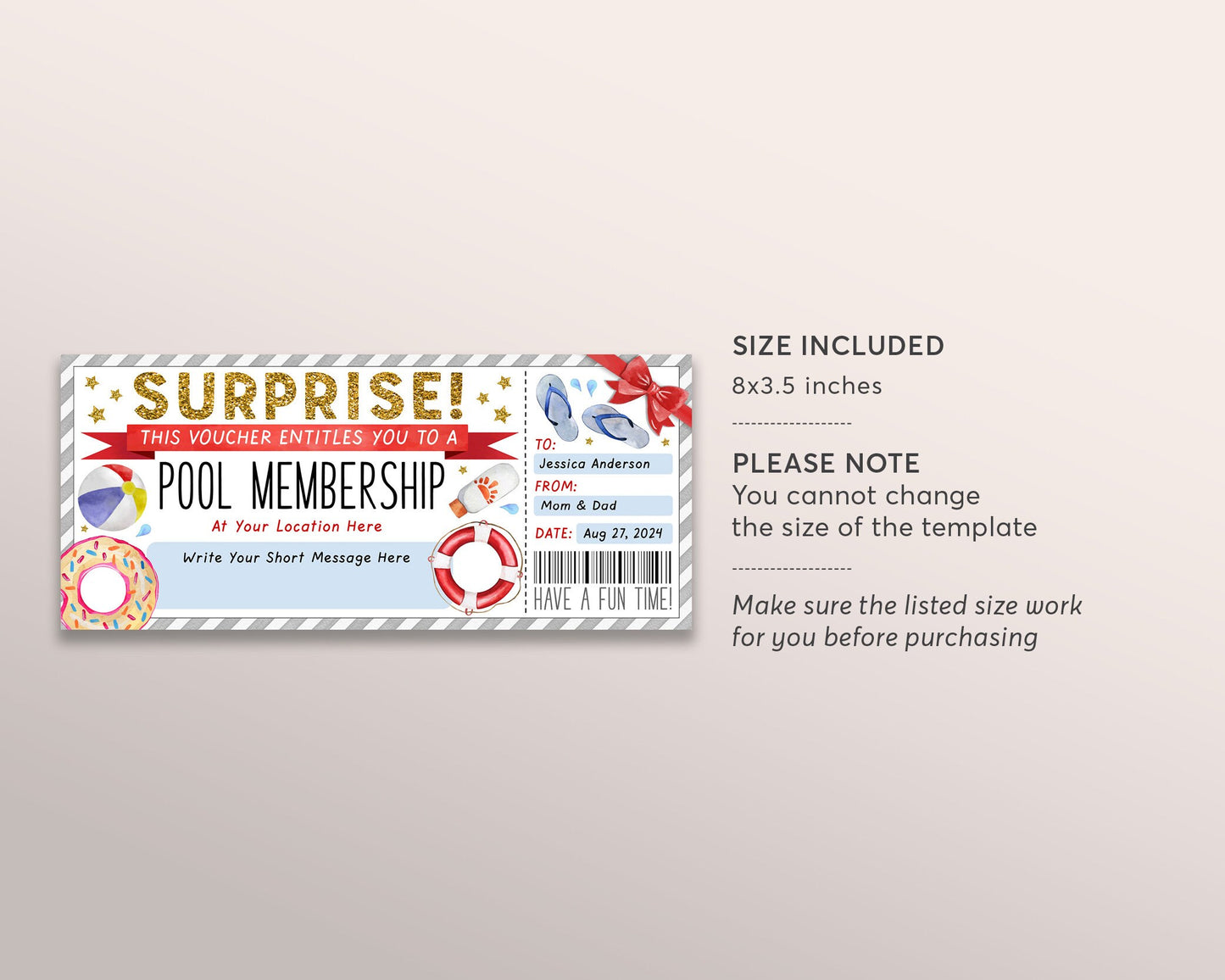 Pool Membership Gift Certificate Ticket Editable Template, Surprise Swim Club Season Pass Voucher Coupon Swimming Pool Reveal, Any Occasion