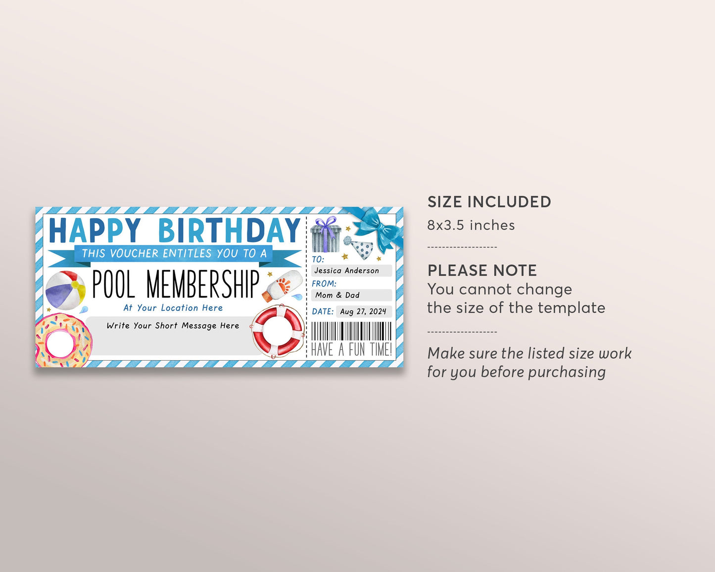 Pool Membership Gift Certificate Ticket Editable Template, Birthday Surprise Swim Club Season Pass Voucher Coupon Swimming Pool Reveal