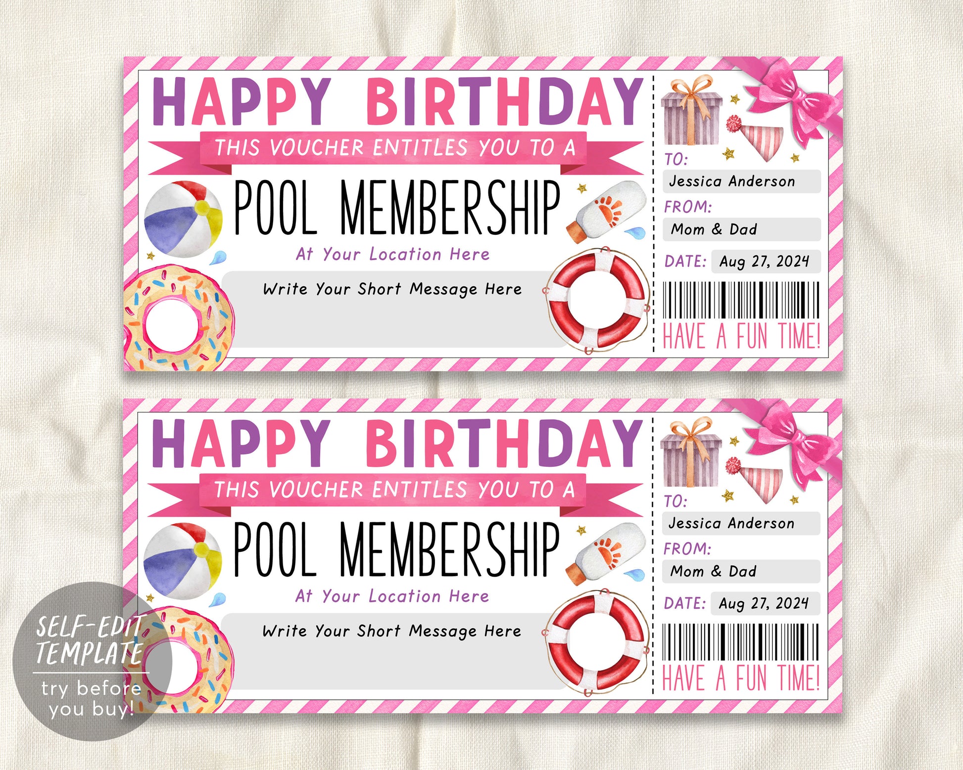 Birthday Pool Membership Gift Certificate Ticket Editable Template