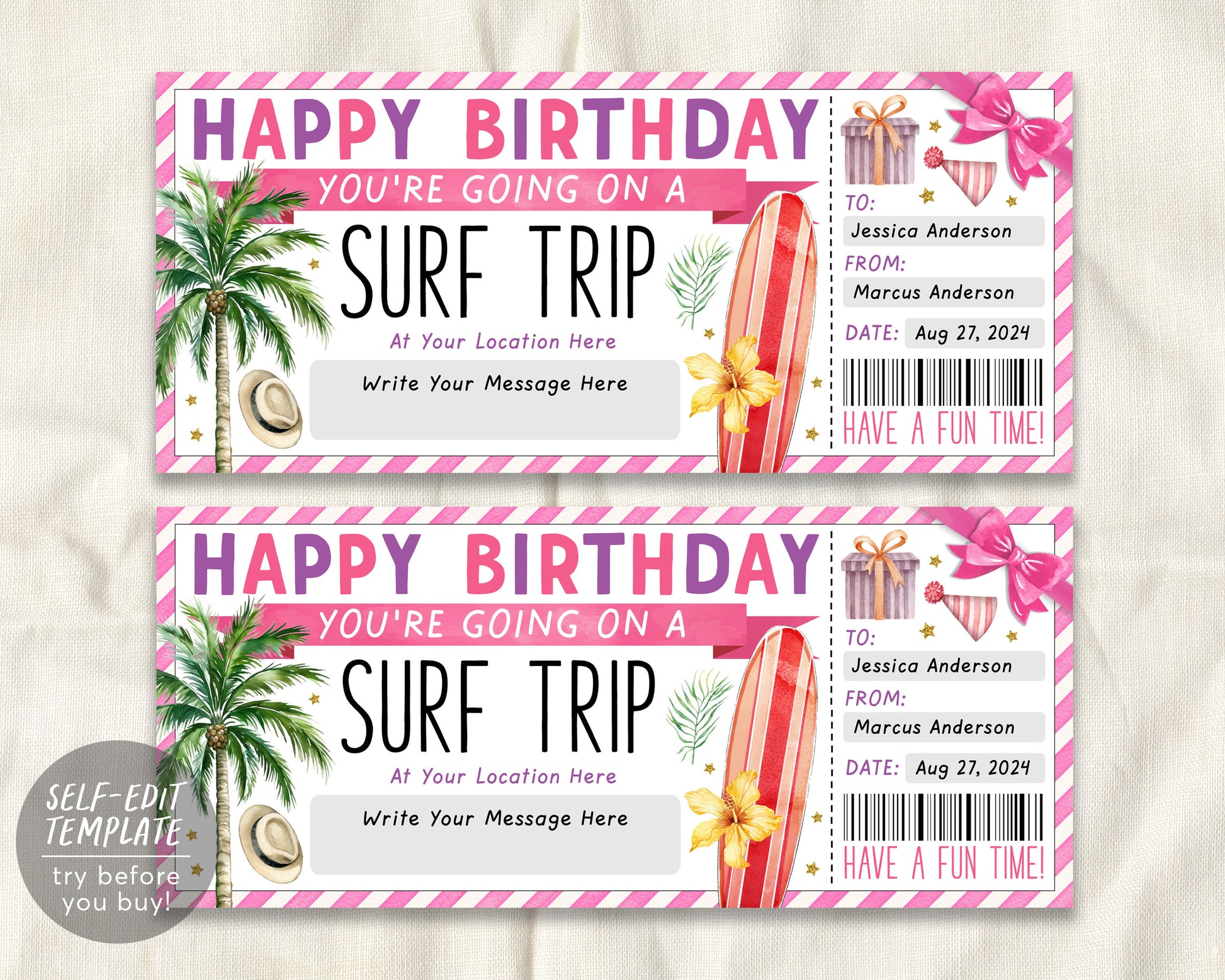 Birthday Surf Trip Ticket Gift Voucher Editable Template