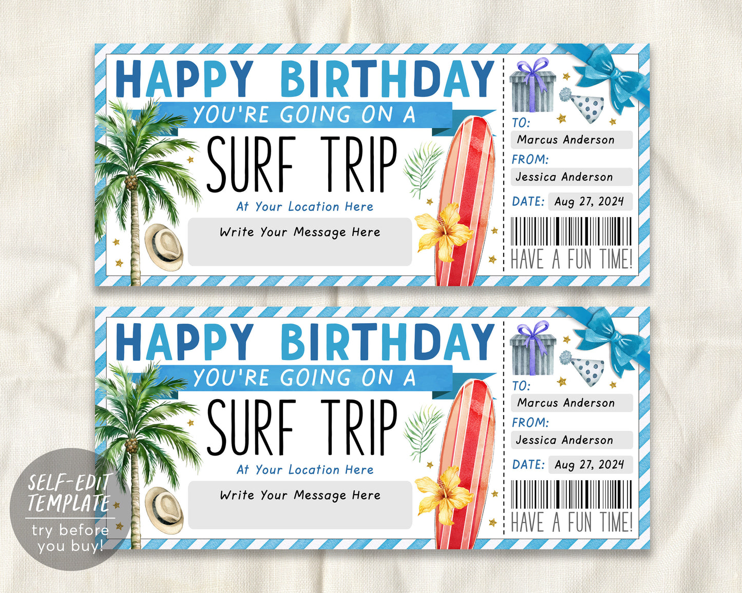 Surf Trip Ticket Gift Voucher Editable Template