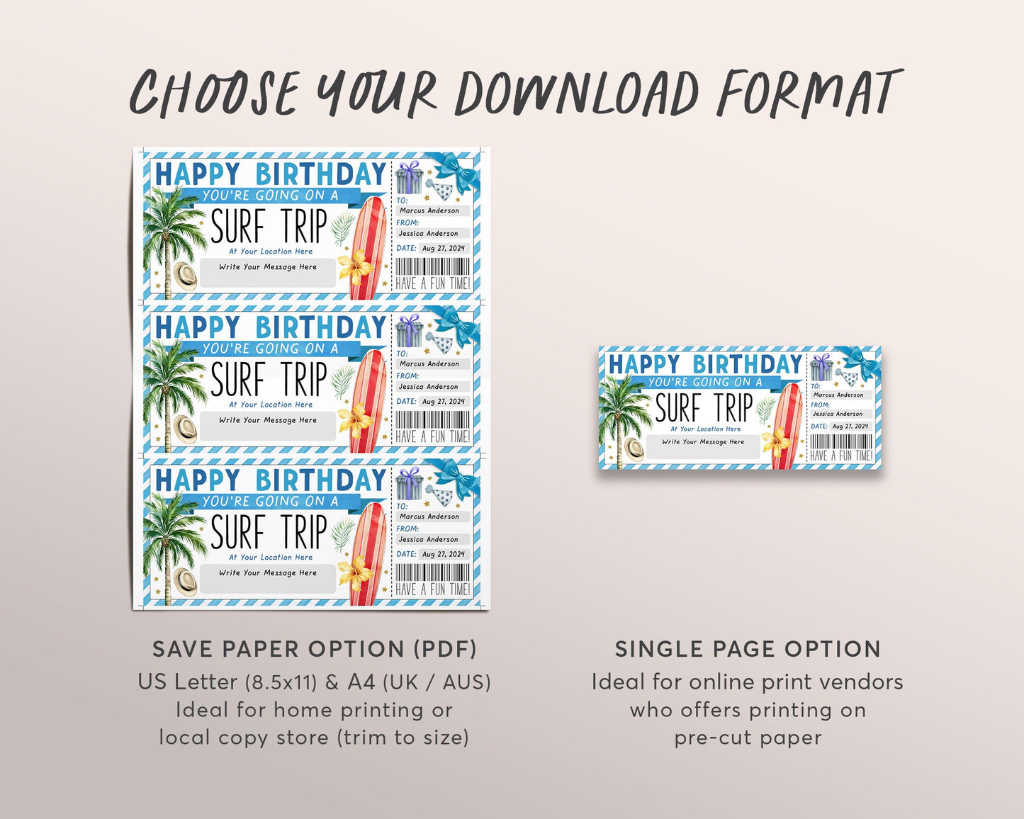 Surf Trip Ticket Gift Voucher Editable Template, Birthday Surprise Surfing Experience Gift Certificate For Her, Tropical Beach Trip Coupon