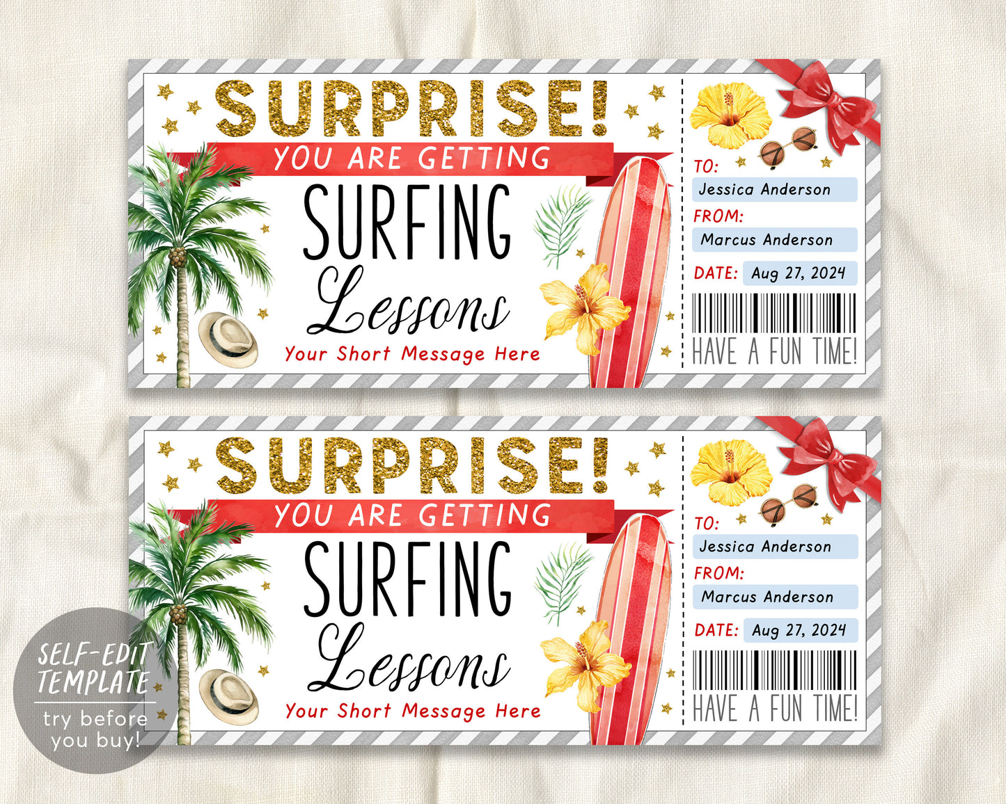 Surfing Lessons Gift Voucher Certificate Editable Template