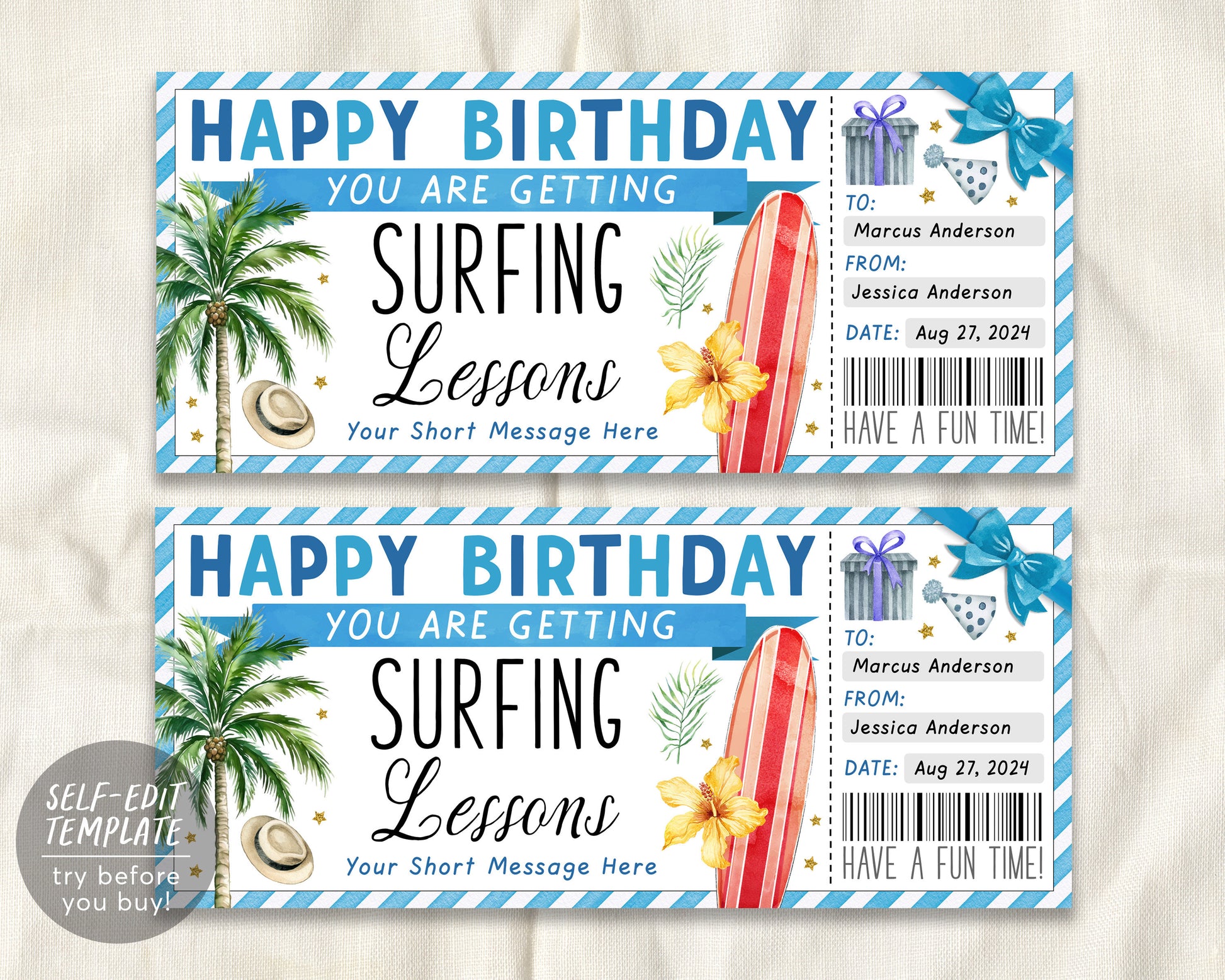 Birthday Surfing Lessons Gift Voucher Certificate Editable Template