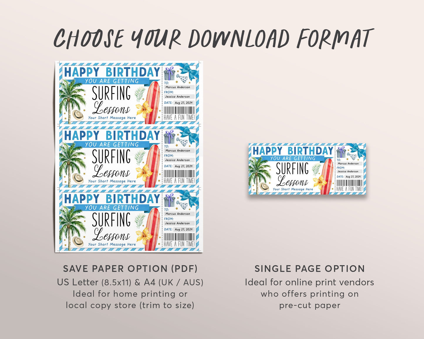 Surfing Lessons Gift Voucher Certificate Editable Template, Birthday Surprise Surf Classes For Him, Learn To Surf Reveal Coupon Surfer Beach