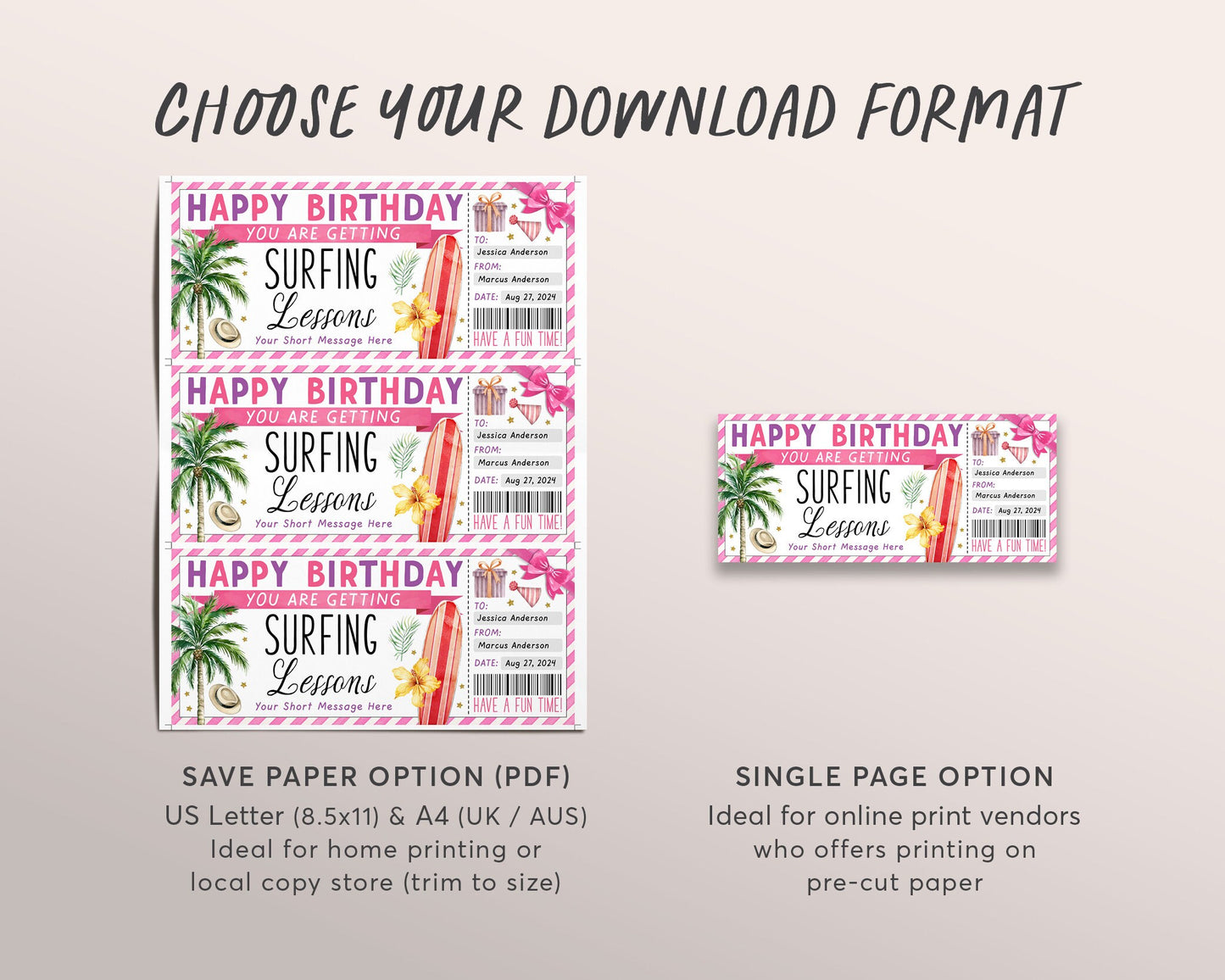 Surfing Lessons Gift Voucher Certificate Editable Template, Birthday Surprise Surf Classes For Her, Learn To Surf Reveal Coupon Surfer Beach