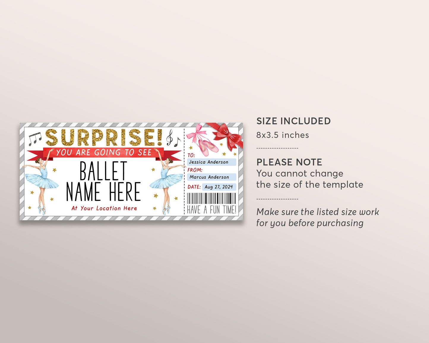 Ballet Gift Ticket Editable Template, Surprise Ballet Performance Theatre Gift Certificate Voucher, Last Minute Gift For Dance Lovers