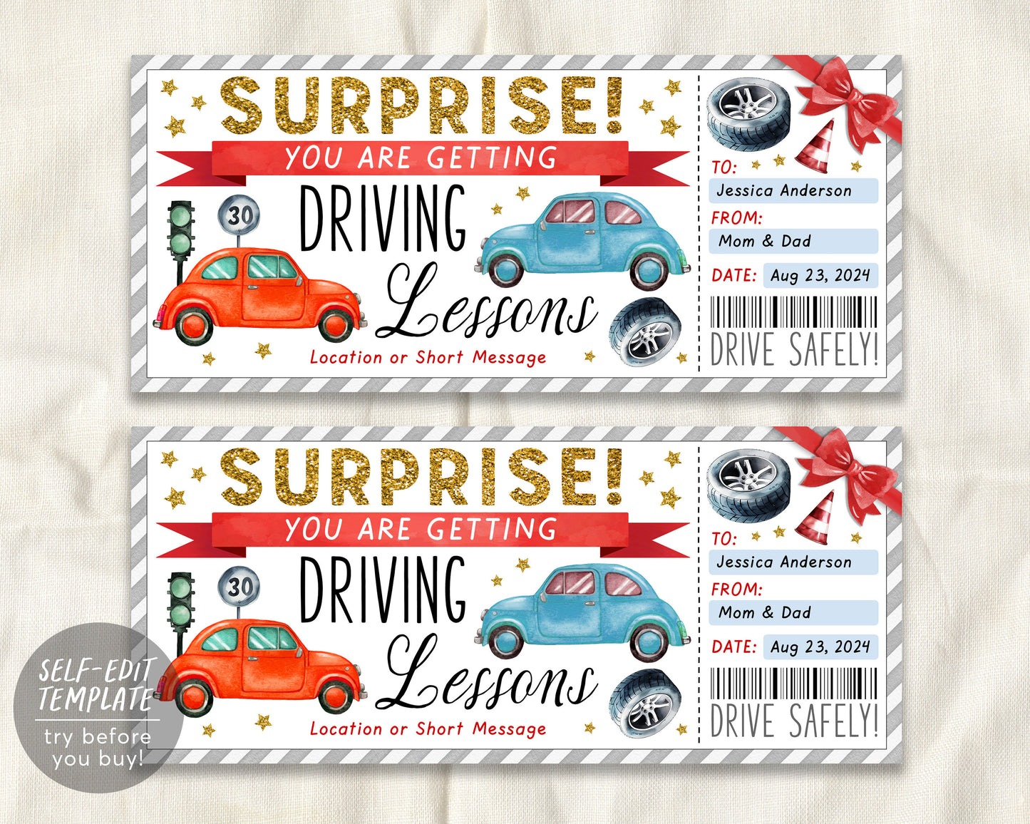 Driving Lessons Gift Certificate Editable Template