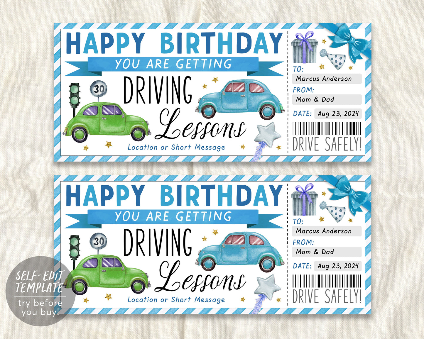 Birthday Driving Lessons Gift Certificate Editable Template