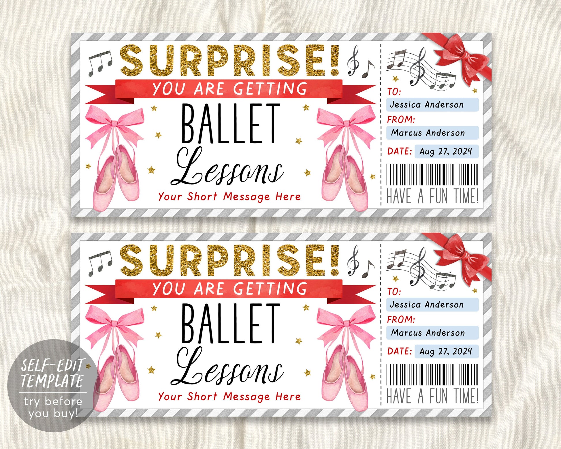 Ballet Lessons Ticket Editable Template